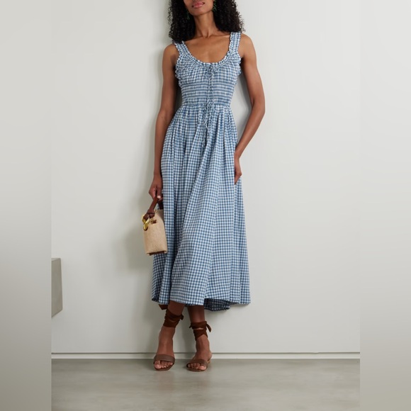 NWT Doen Emmaretta Cotton Voile Smocked A Line Midi Maxi Dress Blue Gingham - Picture 3 of 13